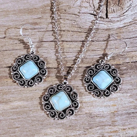 Filigree Rhombus Turquoise Blue Stone Silver Chain Necklace Earrings Jewelry Set - Picture 1 of 12